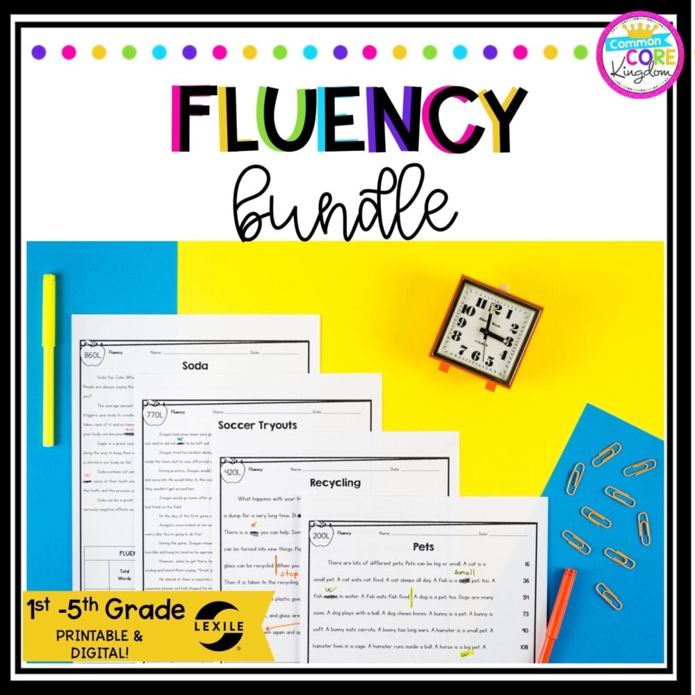 Fluency bundle cover showing printed reading fluency passages across various 1st through 5th grade reading levels and a clock in the background