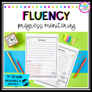 Cover for 1st grade reading fluency resource with printed passages on the cover and pens and a clock with a green background