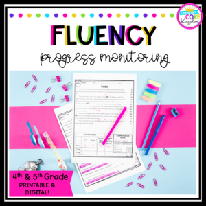 Fluency product cover for 4th and 5th grade reading fluency passages showing printed passages on blue and pink background with pens