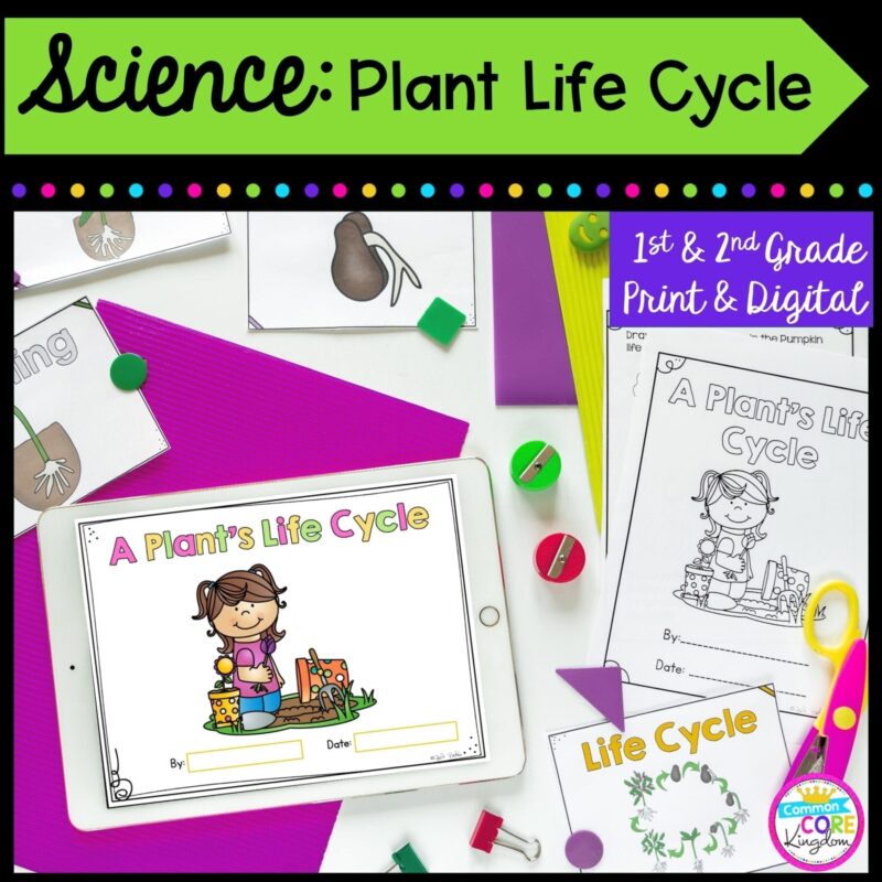 Science: Plant Life Cycle for 1st & 2nd Grade Cover showing printable and digital worksheets