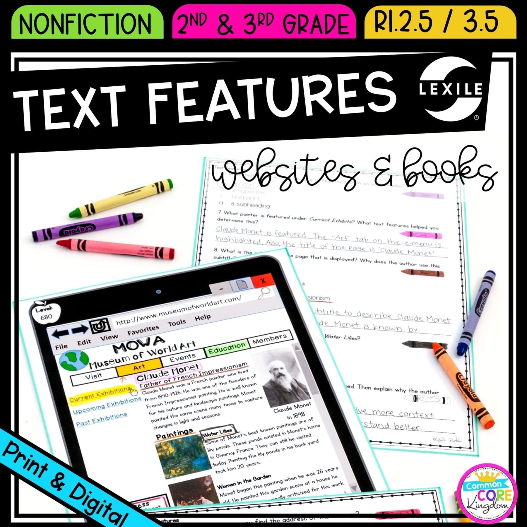 Nonfiction Text Features for 2nd and 3rd grade cover showing printable and digital worksheets