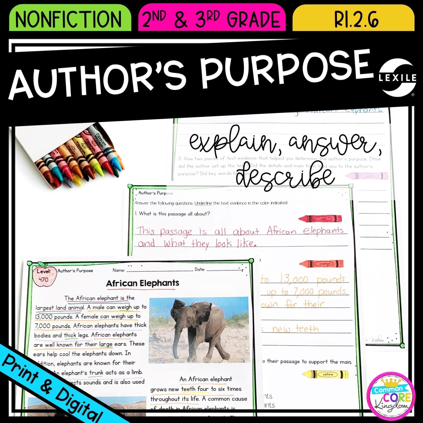 Author's Purpose: To Answer, Explain, or Describe for 2nd grade cover showing printable and digital worksheets
