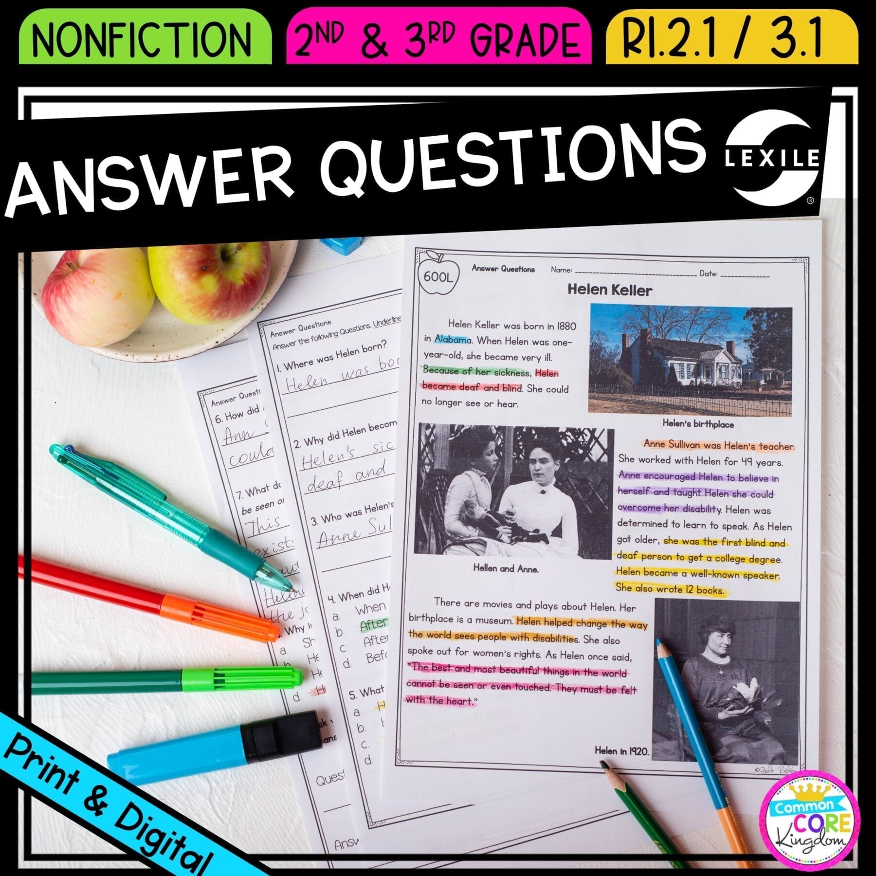 Ask & Answer Questions for 2nd & 3rd grade cover showing printable and digital worksheets