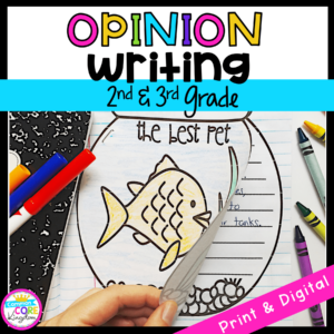 Opinion Writing cover for 2nd and 3rd grade showing the front cover of a student created book with a goldfish