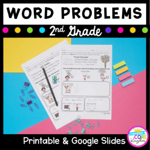 Cover for 2nd grade word problems resource showing math worksheets and the text says printable & google slides versions available