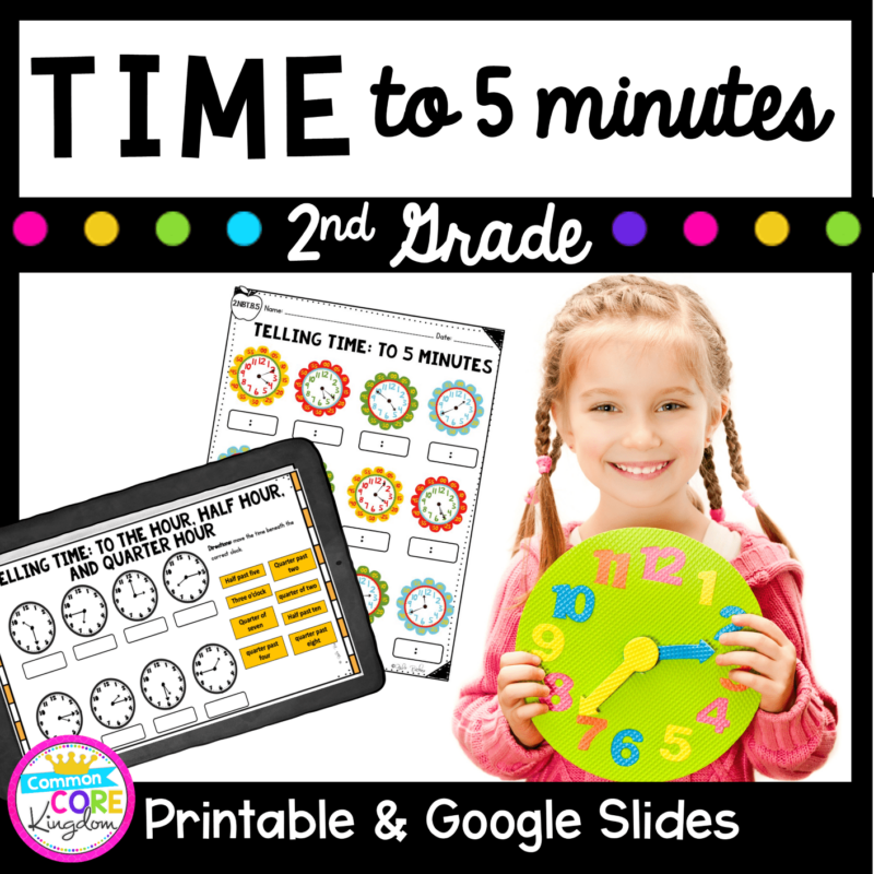Telling Time to 5 minutes cover for resource showing girl holding clock and worksheets for learning time