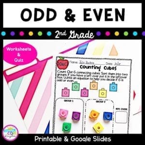 Cover for Odd and Even 2nd grade math resource showing images of math worksheets with text saying printable & google slides