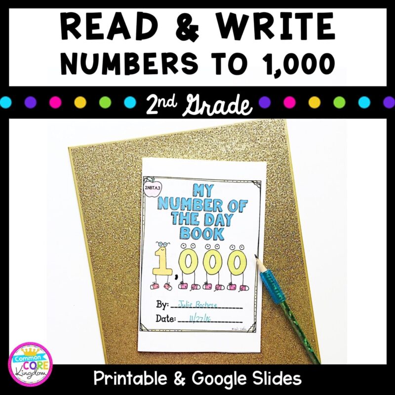 Resource Cover for 2nd grade showing a math worksheet and text saying read and write numbers to 1000