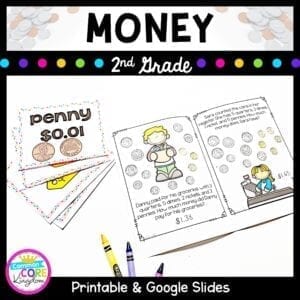 Cover for 2nd grade money unit showing money worksheets where students learn to count and use money
