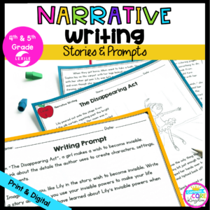 Narrative Writing cover for 4th & 5th grade showing 3 pages of stories and prompts in printable and digital formats