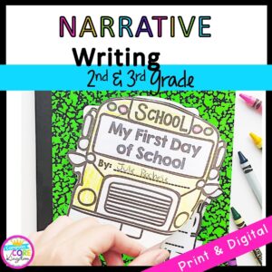 2nd & 3rd Grade Narrative Writing Cover showing a journal with a school bus for printable and digital learning