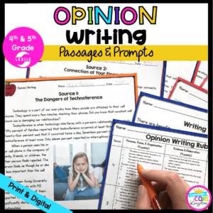 Opinion Writing Passages and Prompts for 4th & 5th Grade Cover showing printable and digital passages