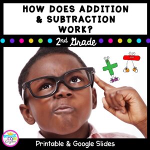 How does addition and subtraction work teaching resource cover for second grade showing boy thinking with plus and minus symbols
