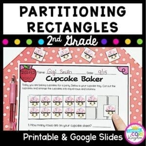 Partitioning Rectangles for 2nd grade math resource cover showing worksheets and text