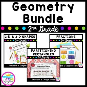 Resource cover for 2nd grade geometry and fractions bundle showing covers of three included resources