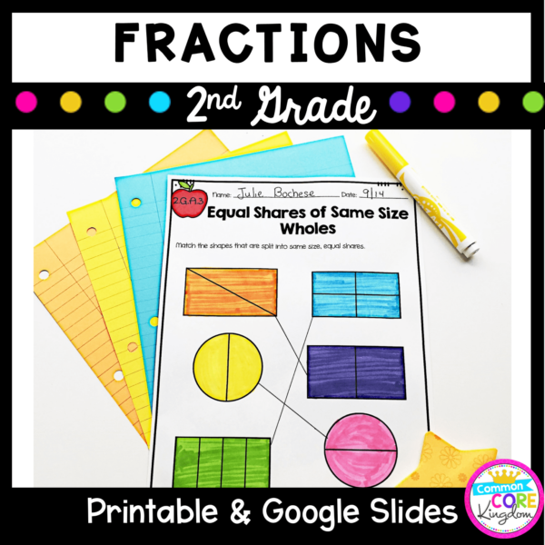 Fractions for second grade resource cover showing partitioning shapes worksheets with text that says printable and google slides versions available