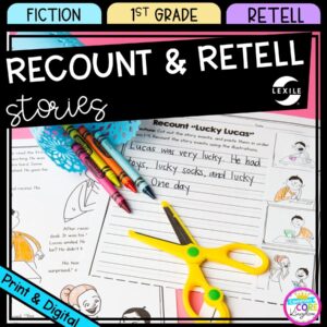 Recount and Retell cover for 1st grade showing printable and digital worksheets