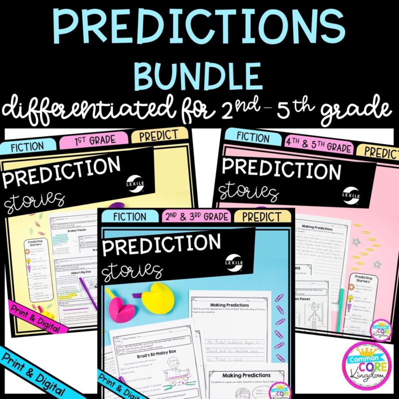 Predictions Bundle Cover for 3 products covering 1st - 5th grades, showing printable and digital worksheets