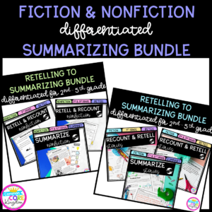 Fiction and Nonfiction Summarizing Bundle cover for 2nd-5th grade showing printable and digital worksheets