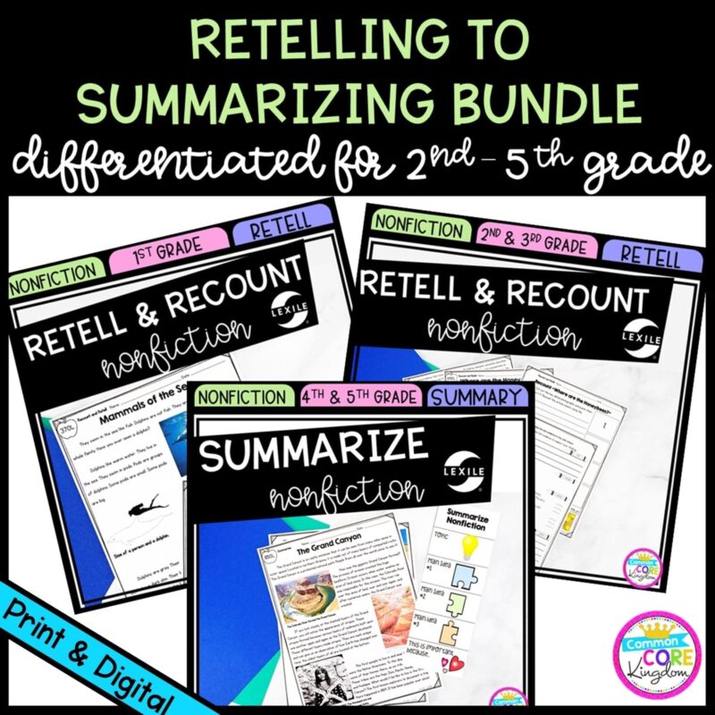 Retelling to Summarizing Nonfiction Bundle cover for 2nd - 5th grade showing printable and digital worksheets