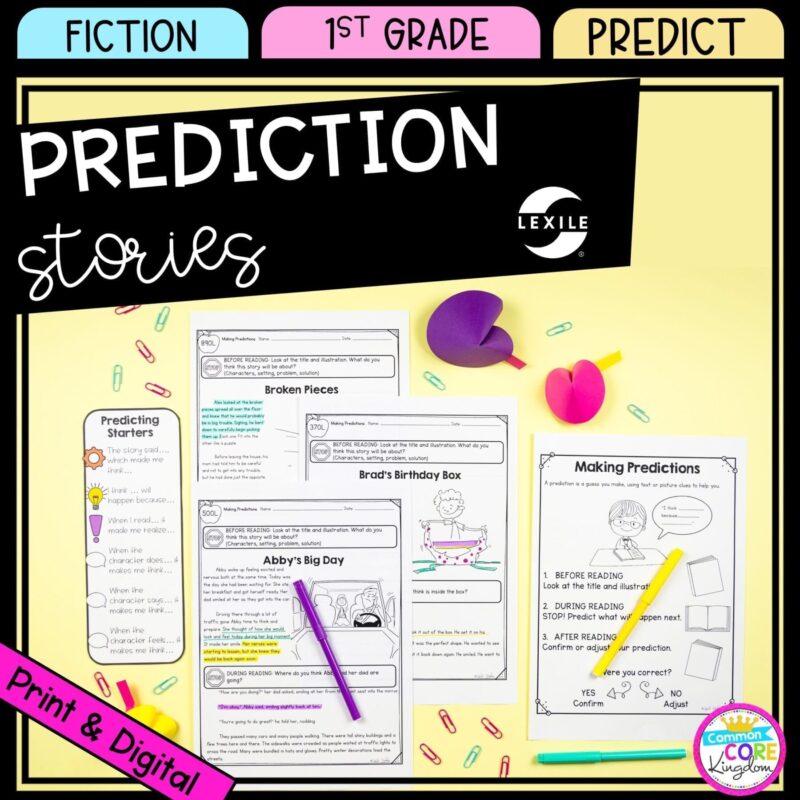 Making Prediction cover for 1st grade showing printable and digital worksheets