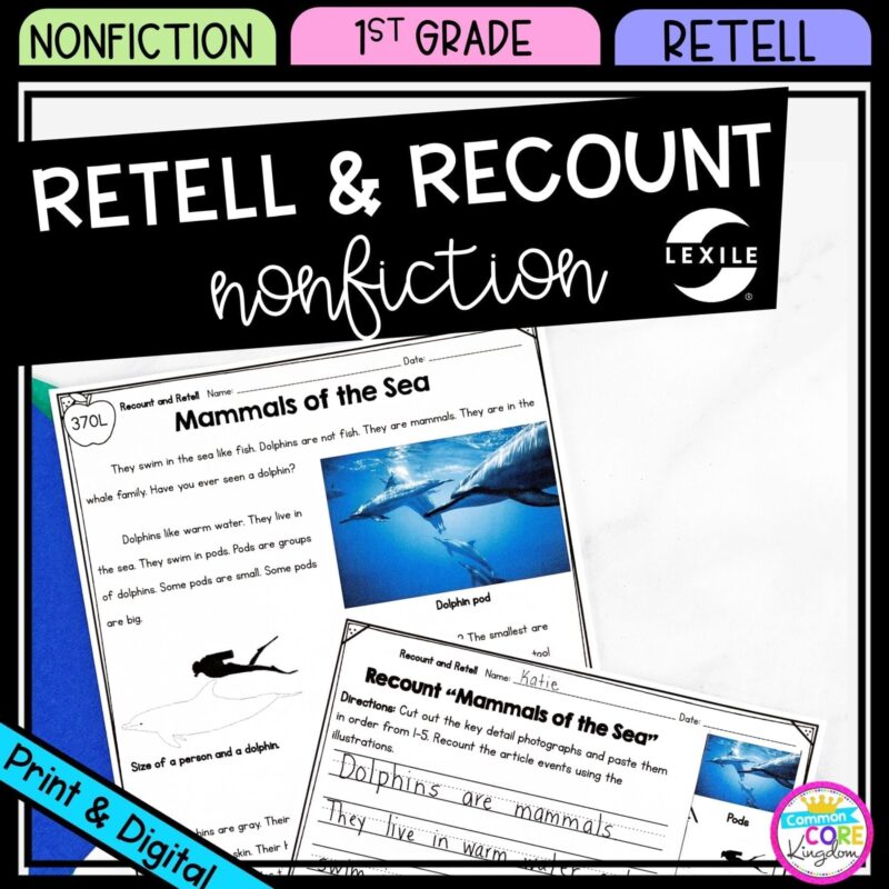 Retell & Recount for 1st grade cover showing printable and digital worksheets