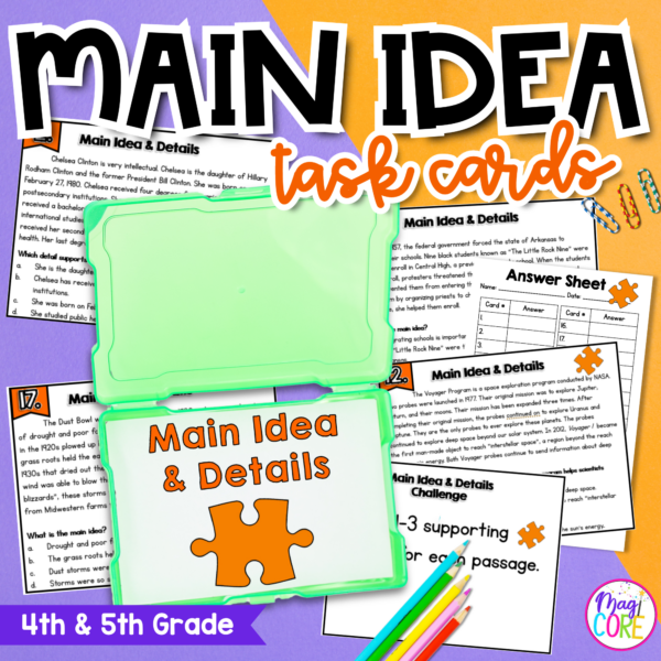 Main Idea and Key Details Task Cards 4th 5th Grade Center Activity RI.4.2 RI.5.2