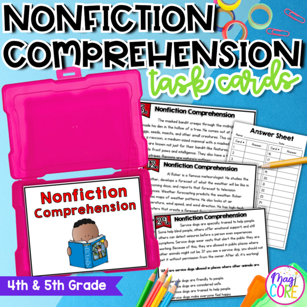 Nonfiction Reading Comprehension Review Task Cards 4th 5th Grade RI.4.10 RI.5.10