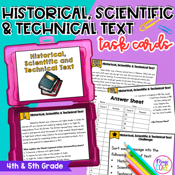 Historical Scientific Technical Text Task Cards - 4th 5th Grade RI.4.3 & RI.5.3