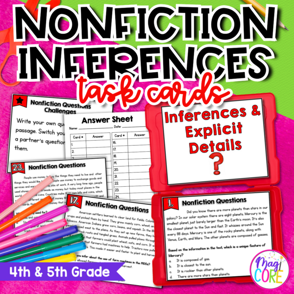 Making Inferences and Explicit Questions Task Cards 4th 5th Grade RI.4.1 RI.5.1