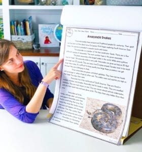Teacher pointing to an article about anaconda snakes that was printed out on poster board for a main idea lesson.