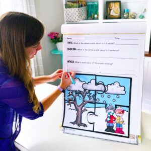 Teacher listing details for large main idea puzzle that was printed and displayed on poster board.