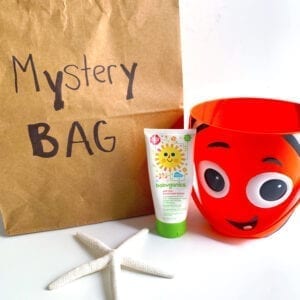 Brown paper bag with writing that says "mystery bag" in black marker and a bucket, sunscreen, and a starfish laying outside the bag