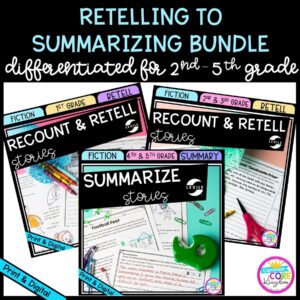 Retelling to Summarizing Bundle for 2nd - 5th Grade cover showing printable and digital worksheets
