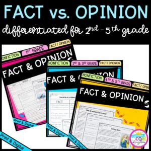 Fact vs Opinion differentiated bundle cover showing printable and digital worksheets for grades 1 - 5