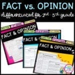 Cover of Fact and Opinion in nonfiction resource bundle for second grade, third grade, fourth grade, and fifth grade showing images of reading passages and activities.