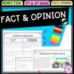 Cover of Fact and Opinion in nonfiction resource for second grade and thirds grade showing images of reading passages and activities.