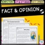 Cover of Fact and Opinion in nonfiction resource for fourth grade and fifth grade showing images of reading passages and activities.
