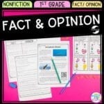 Cover of Fact and Opinion in nonfiction resource for first grade showing images of reading passages and activities.