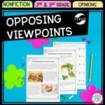 Opposing Viewpoints cover showing images of reading passages and question sets focused on teaching 2nd grade and 3rd grade how to understand different viewpoints.
