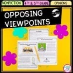 Opposing Viewpoints cover showing images of reading passages and question sets focused on teaching 4th grade and 5th grade how to understand different viewpoints.