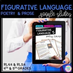 Woman holding a tablet showing the cover of a figurative language unit that covers poetry and prose that can be used for national poetry month.