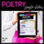 Poetry in Google Slides resource for celebrating national poetry month showing woman in white shirt and pink dress holding a tablet with the cover of a poetry reading comprehension resource on it.