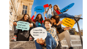 image showing students on stairs outside a building holding speech bubbles with different opinions on them.