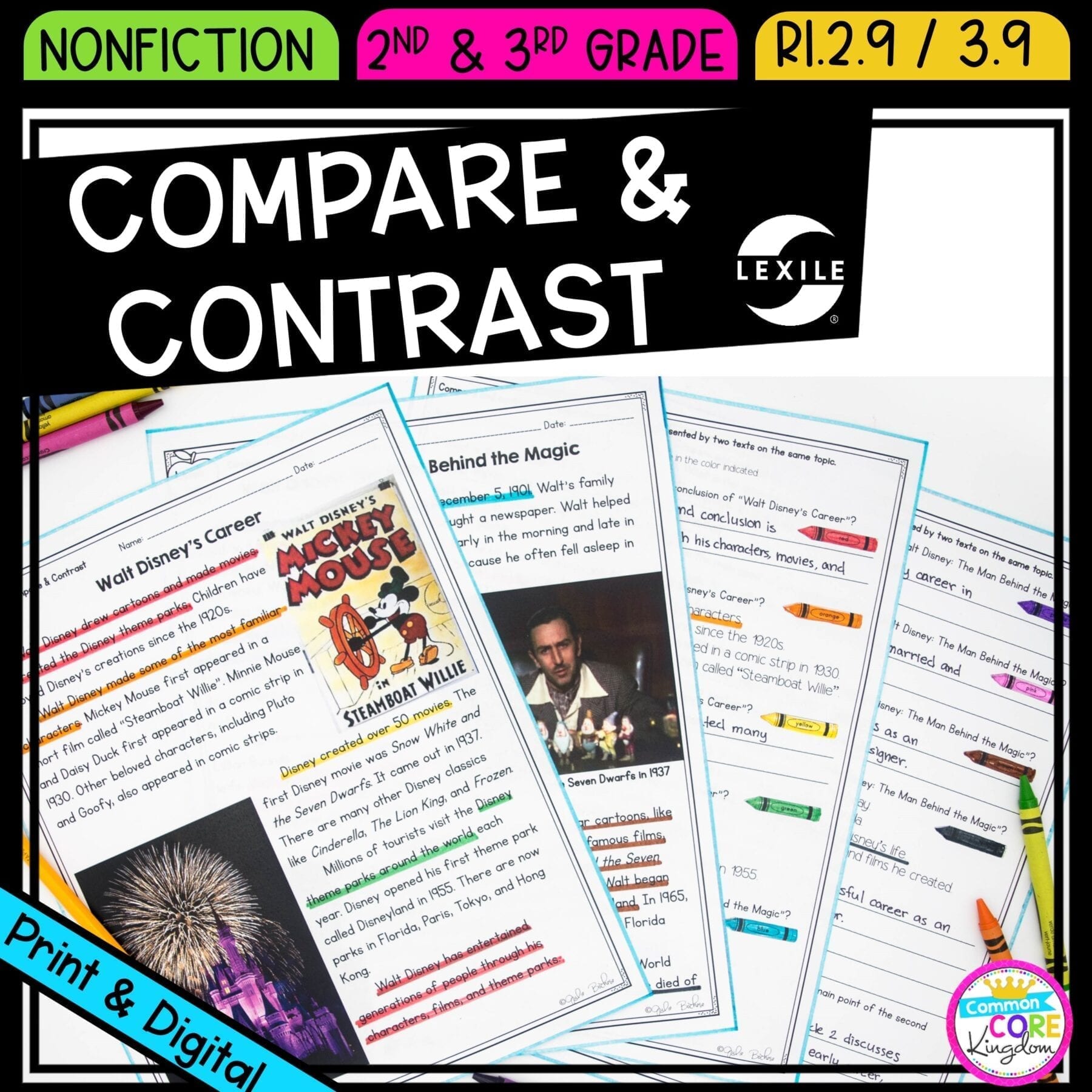 Compare & Contrast Informational Texts on the Same Topic for 2nd and 3rd grade cover showing printable and digital worksheets