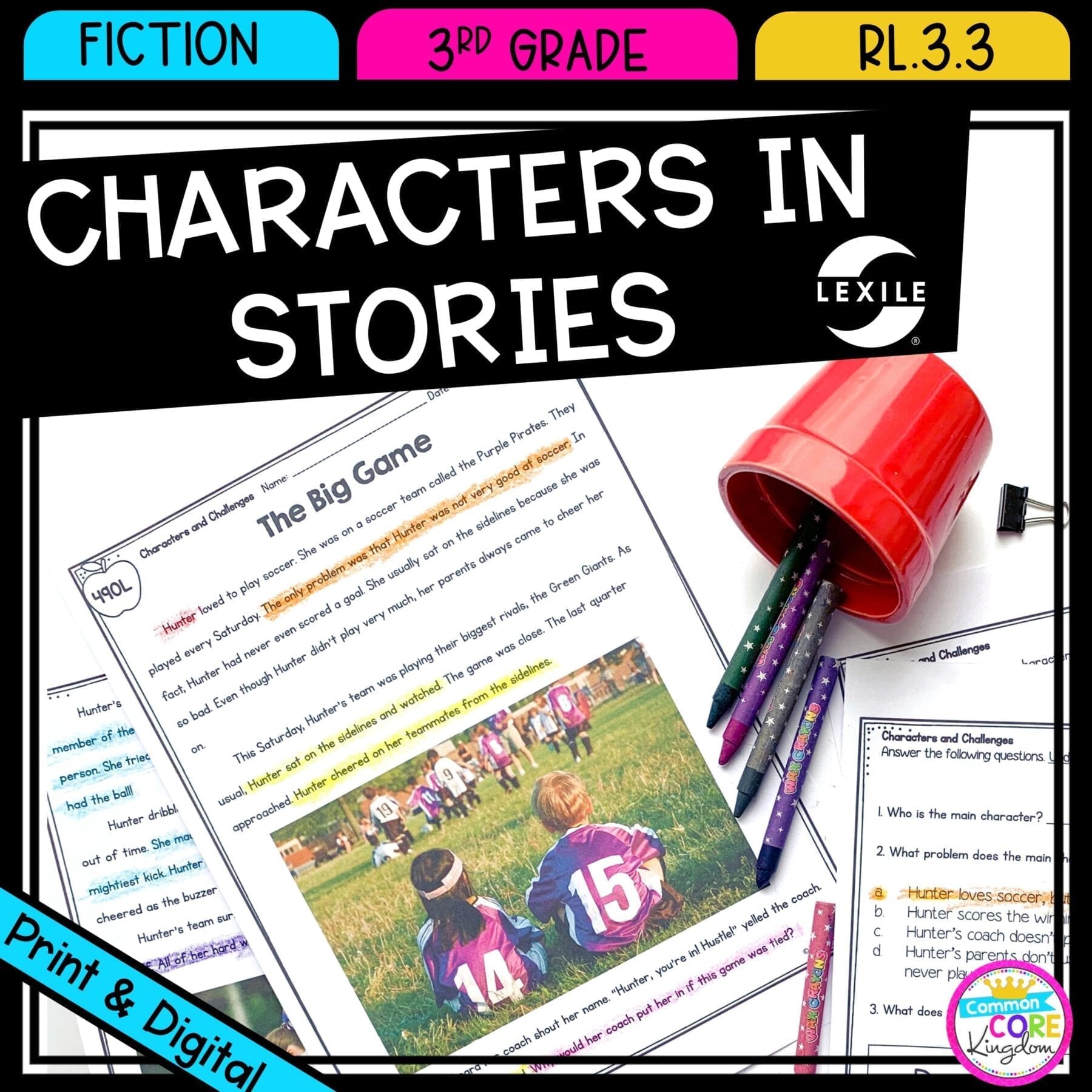 Describe Characters in a Story for 3rd grade cover showing printable and digital worksheets