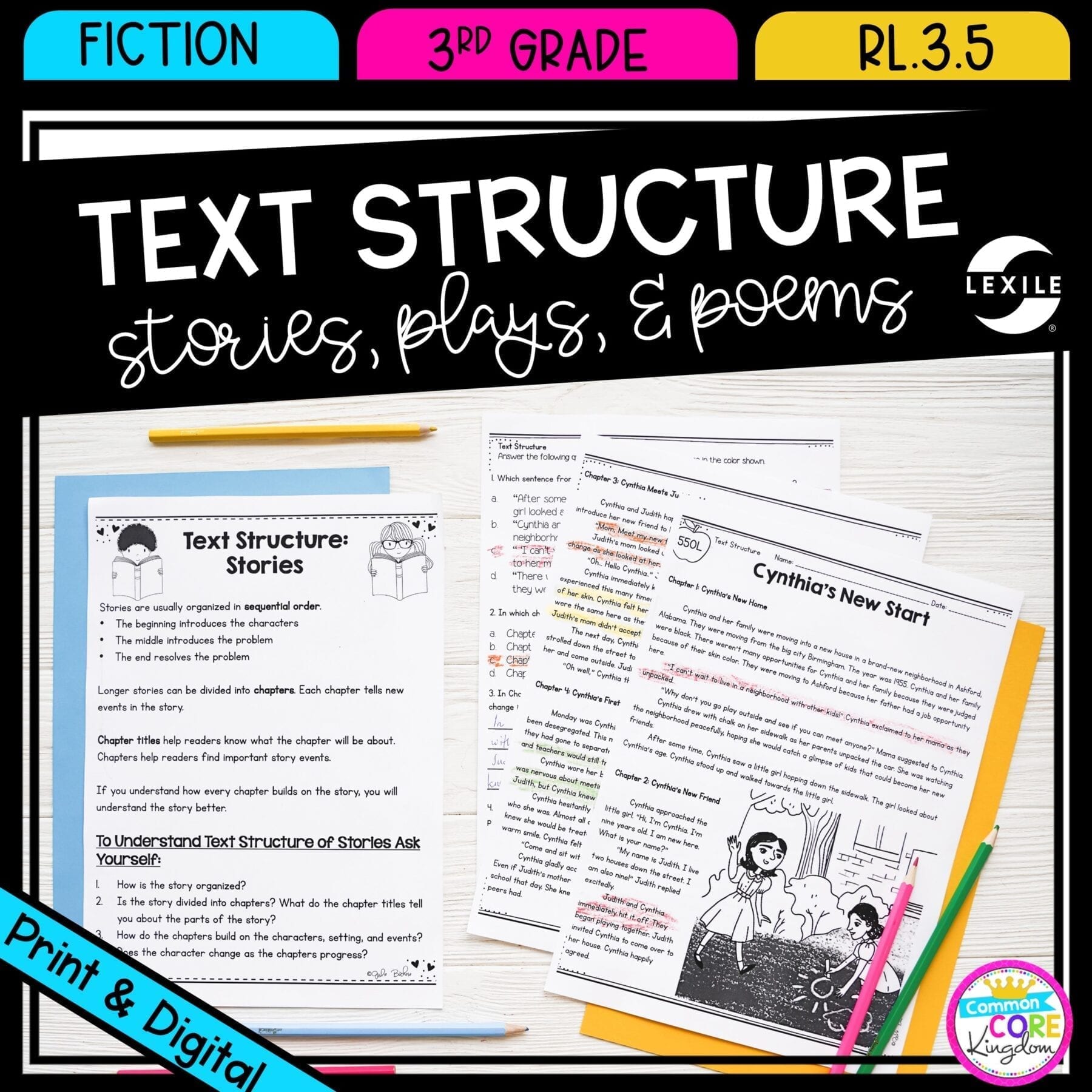 Text Structure in Stories Plays Poems for 3rd grade cover showing printable and digital worksheets