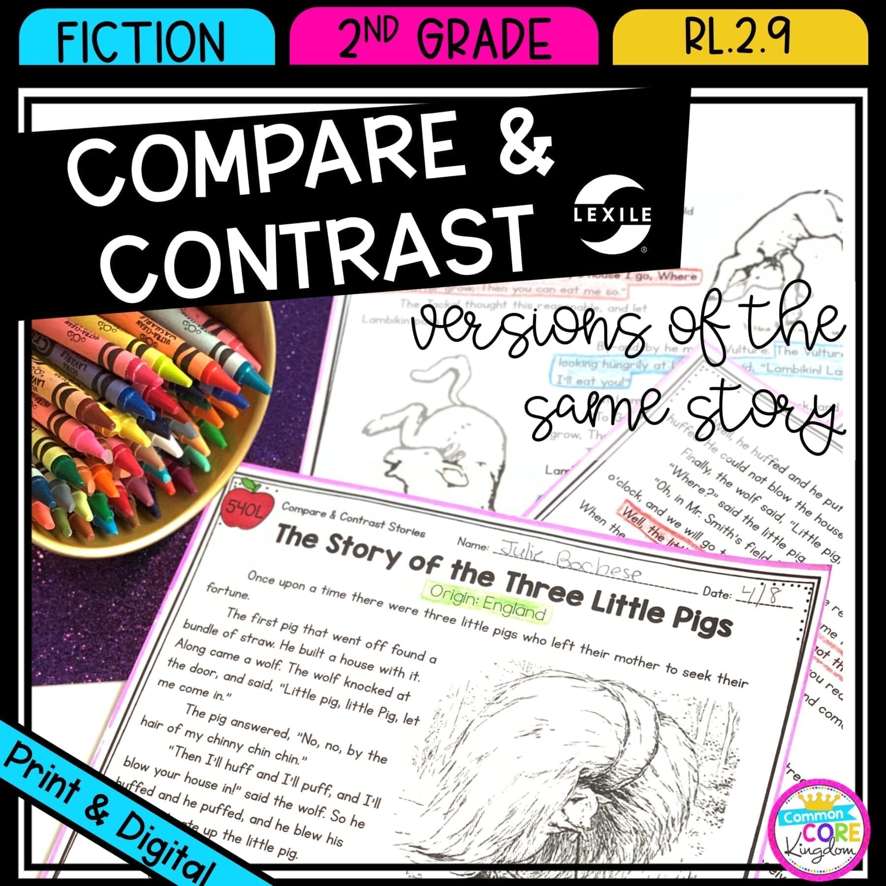 Compare and Contrast Different Versions of Stories for 2nd grade cover showing printable and digital worksheets