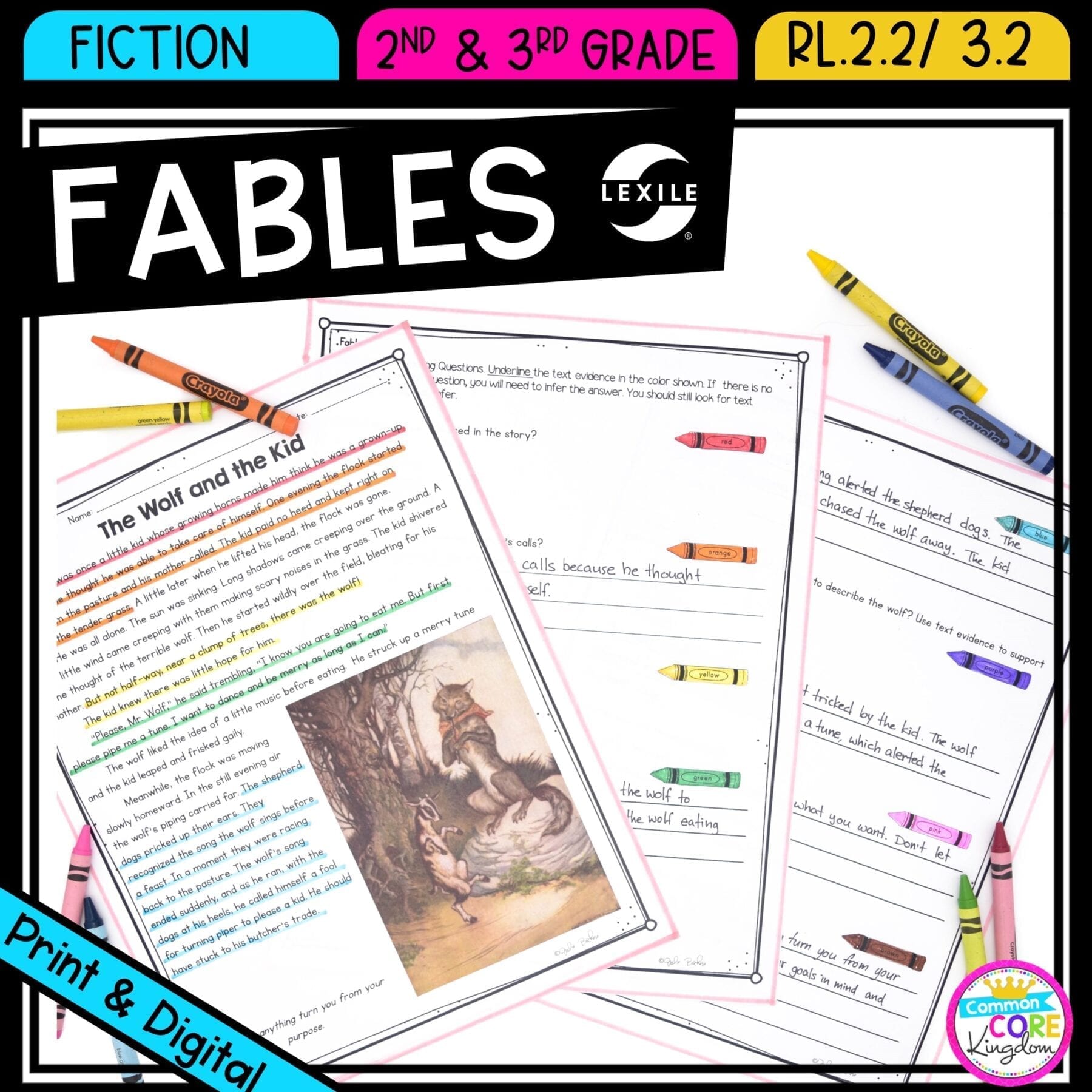 Recounting stories: fables for 2nd and 3rd grad cover showing printable and digital worksheets