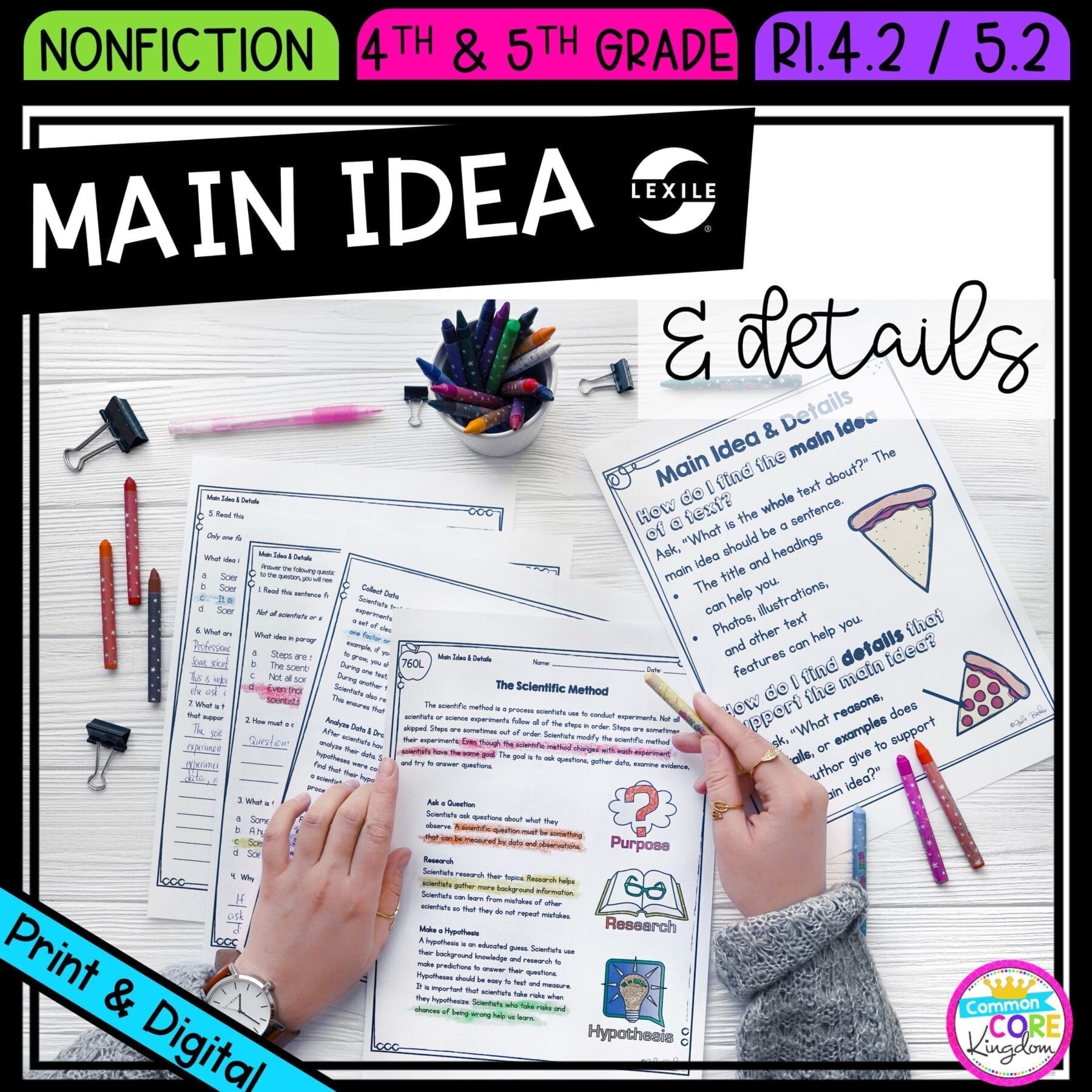 Main Idea and Details in Nonfiction for 4th & 5th grade cover showing printable and digital worksheets